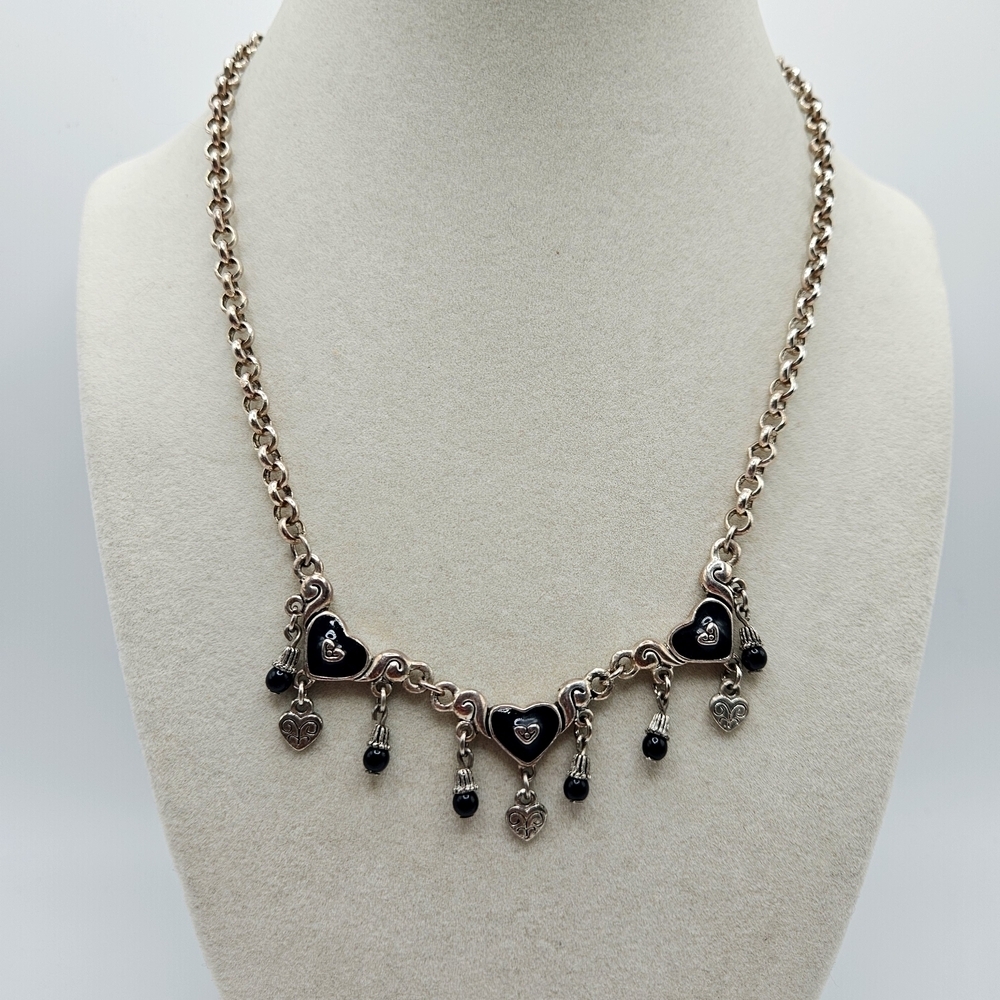 Brighton Silver Tone Black Three Heart Dangle Necklace